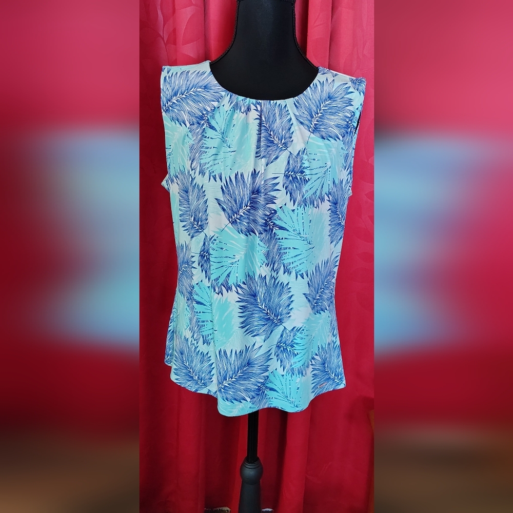 Calvin Klein Blue and Teal Leaf Print Blouse